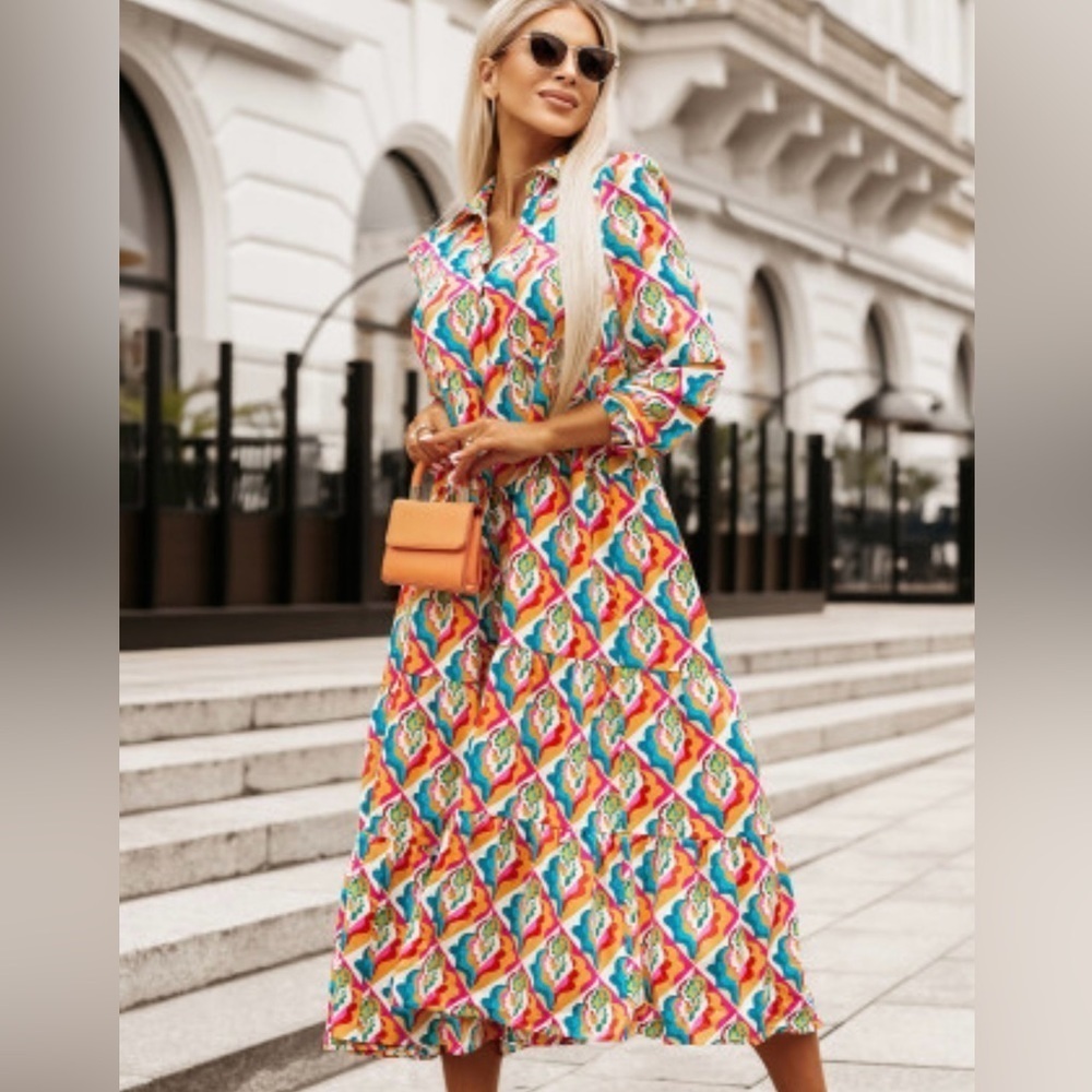 NEW Multicolor Abstract Geometric Long Sleeve Tiered Ruffle A-Line Midi Dress